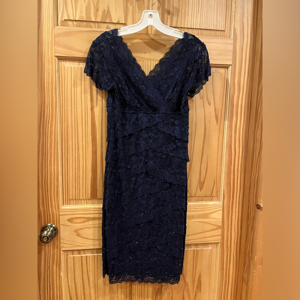 Marina brand navy lace tiered dress with navy beading, size 10
